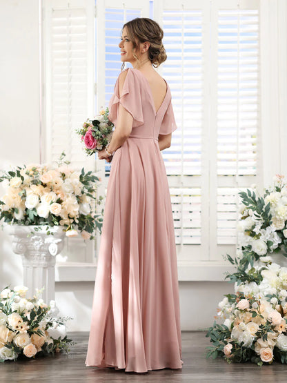 Wholesa A-Line V-Neck Short Sleeves Split Side Floor-Length Chiffon Bridesmaid Dresses