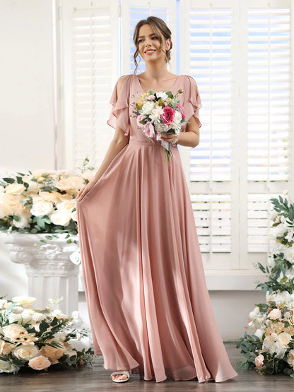 Wholesa A-Line V-Neck Short Sleeves Split Side Floor-Length Chiffon Bridesmaid Dresses