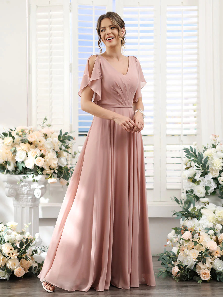 Wholesa A-Line V-Neck Short Sleeves Split Side Floor-Length Chiffon Bridesmaid Dresses