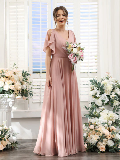 Wholesa A-Line V-Neck Short Sleeves Split Side Floor-Length Chiffon Bridesmaid Dresses