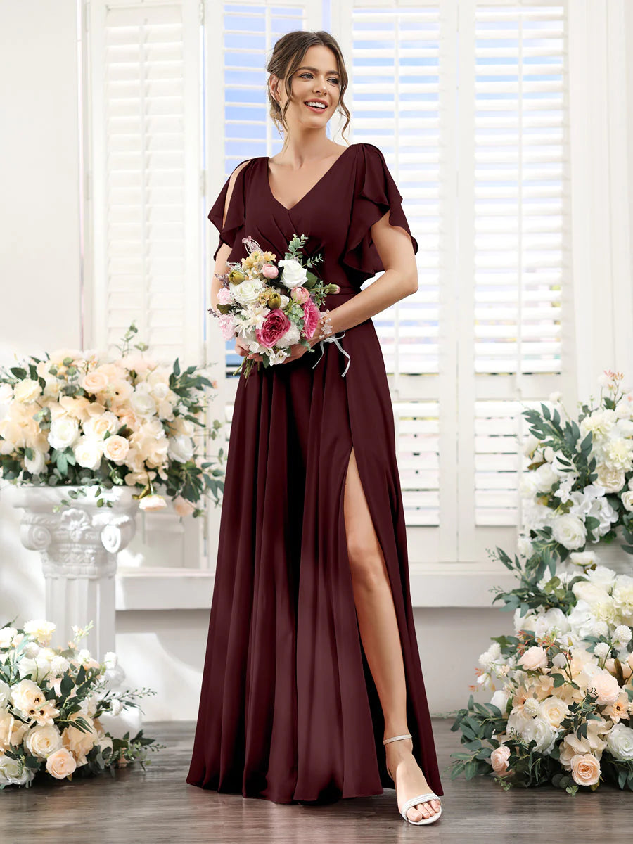 Wholesa A-Line V-Neck Short Sleeves Split Side Floor-Length Chiffon Bridesmaid Dresses