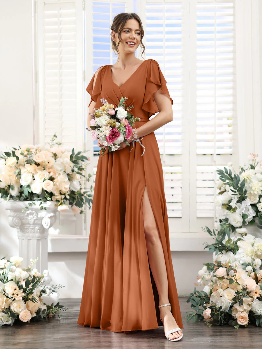 Wholesa A-Line V-Neck Short Sleeves Split Side Floor-Length Chiffon Bridesmaid Dresses