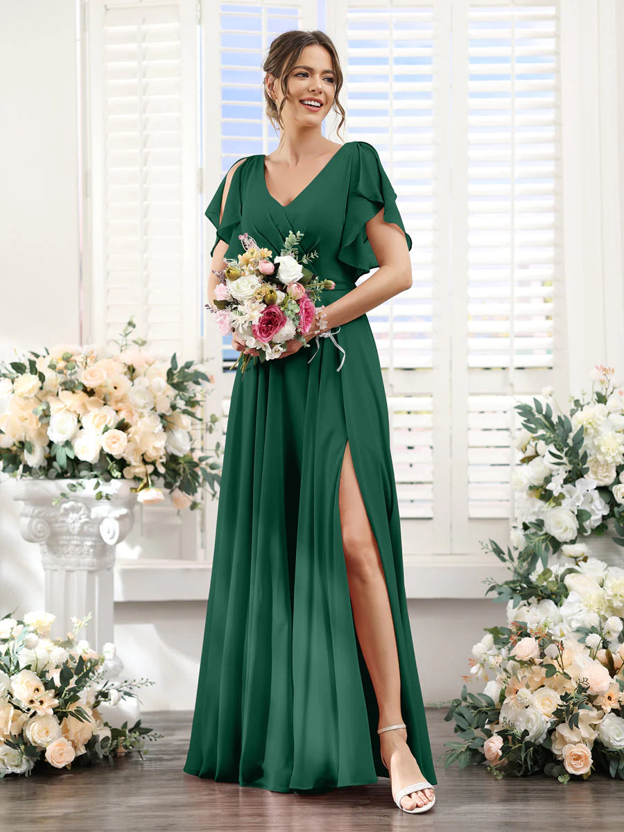 Wholesa A-Line V-Neck Short Sleeves Split Side Floor-Length Chiffon Bridesmaid Dresses