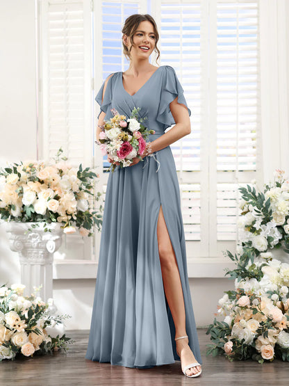 Wholesa A-Line V-Neck Short Sleeves Split Side Floor-Length Chiffon Bridesmaid Dresses