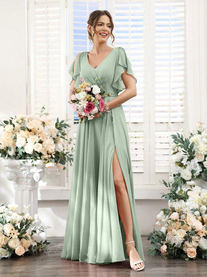 Wholesa A-Line V-Neck Short Sleeves Split Side Floor-Length Chiffon Bridesmaid Dresses