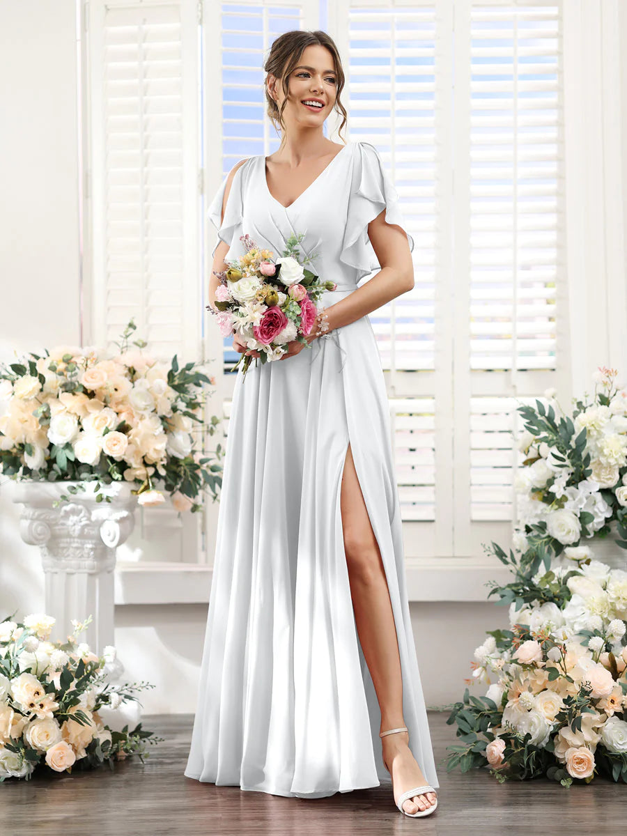 Wholesa A-Line V-Neck Short Sleeves Split Side Floor-Length Chiffon Bridesmaid Dresses