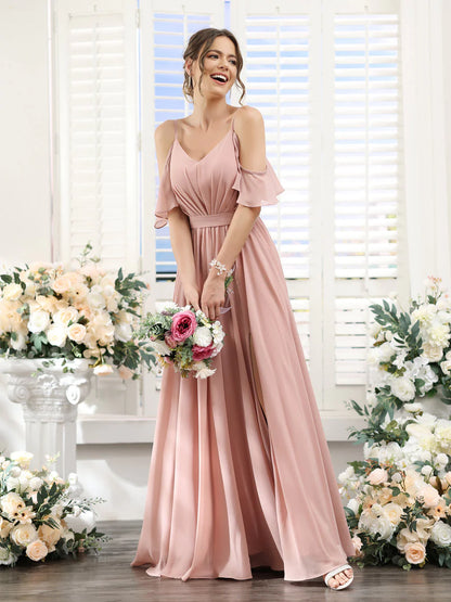 Wholesa A-Line Spaghetti Straps Split Side Ruched Floor-Length Chiffon Bridesmaid Dresses