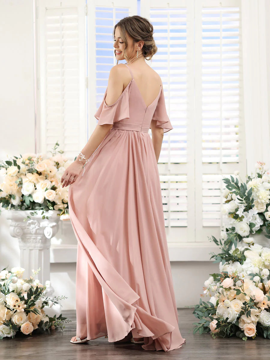 Wholesa A-Line Spaghetti Straps Split Side Ruched Floor-Length Chiffon Bridesmaid Dresses