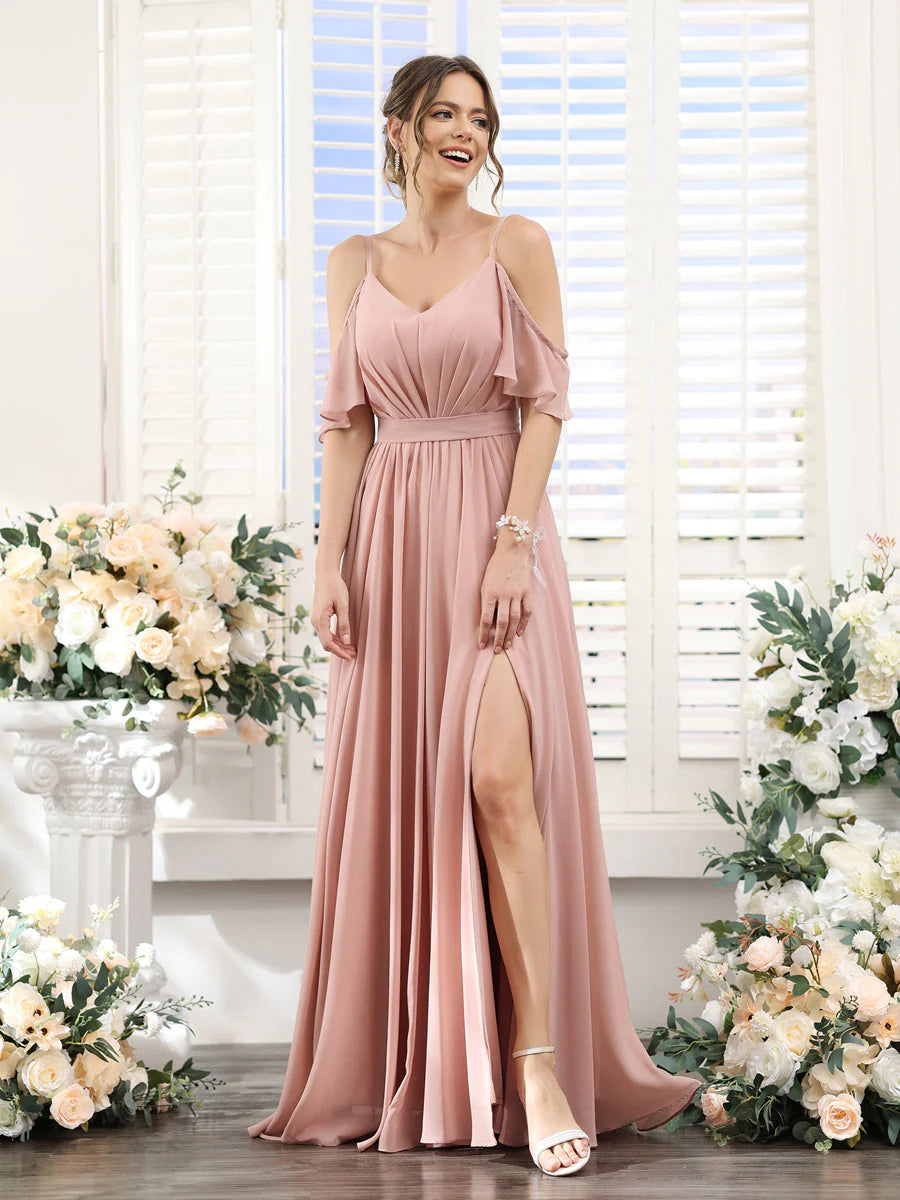 Wholesa A-Line Spaghetti Straps Split Side Ruched Floor-Length Chiffon Bridesmaid Dresses