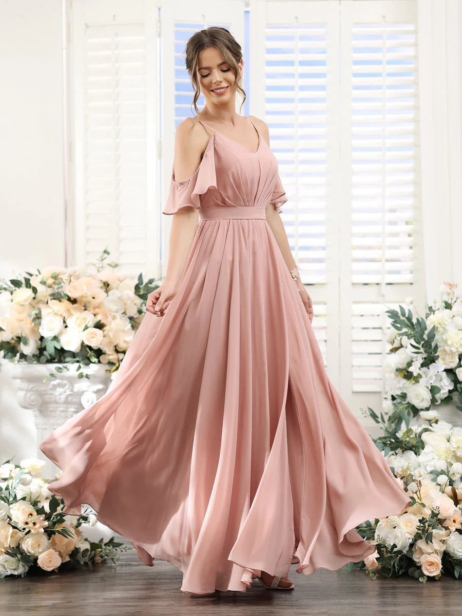 Wholesa A-Line Spaghetti Straps Split Side Ruched Floor-Length Chiffon Bridesmaid Dresses