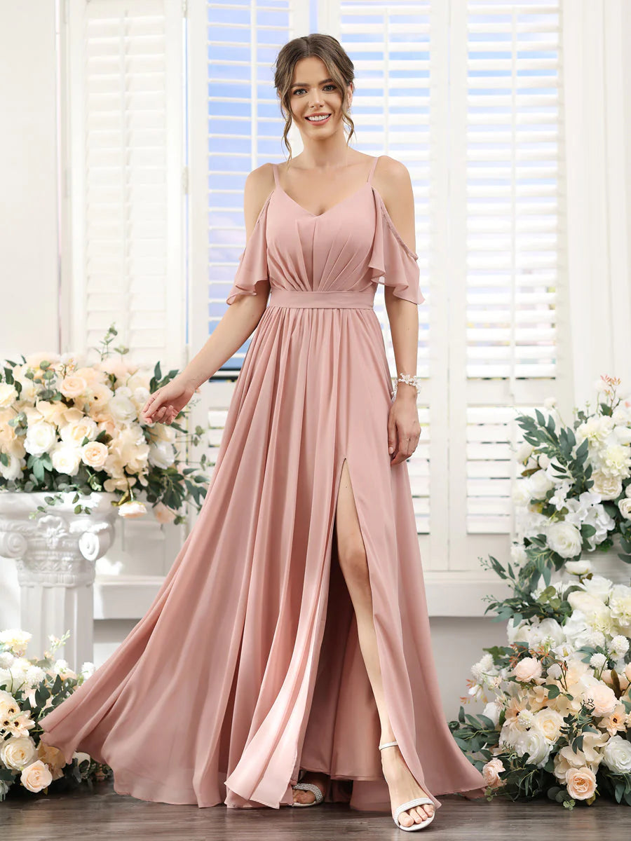 Wholesa A-Line Spaghetti Straps Split Side Ruched Floor-Length Chiffon Bridesmaid Dresses