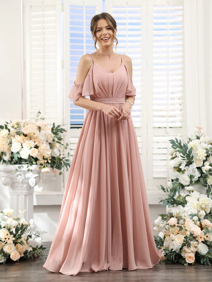 Wholesa A-Line Spaghetti Straps Split Side Ruched Floor-Length Chiffon Bridesmaid Dresses