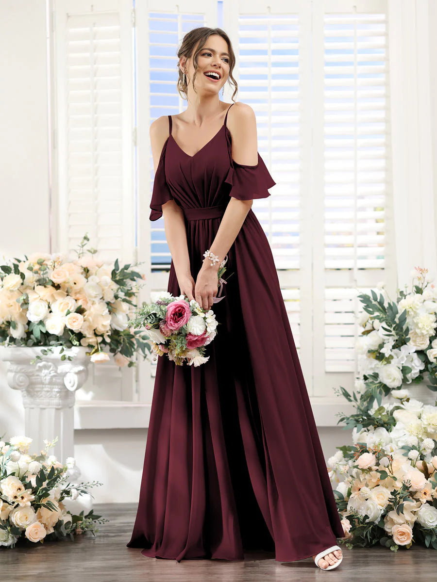 Wholesa A-Line Spaghetti Straps Split Side Ruched Floor-Length Chiffon Bridesmaid Dresses