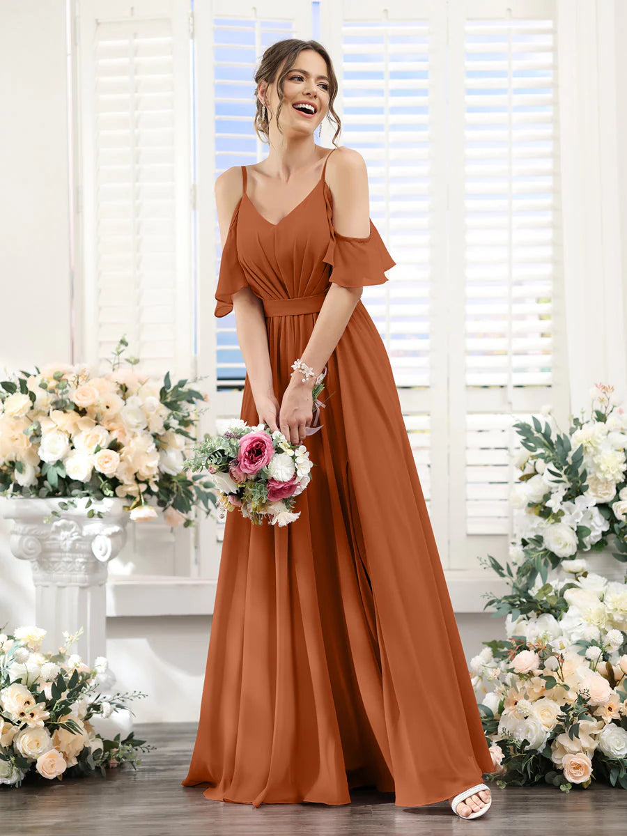 Wholesa A-Line Spaghetti Straps Split Side Ruched Floor-Length Chiffon Bridesmaid Dresses