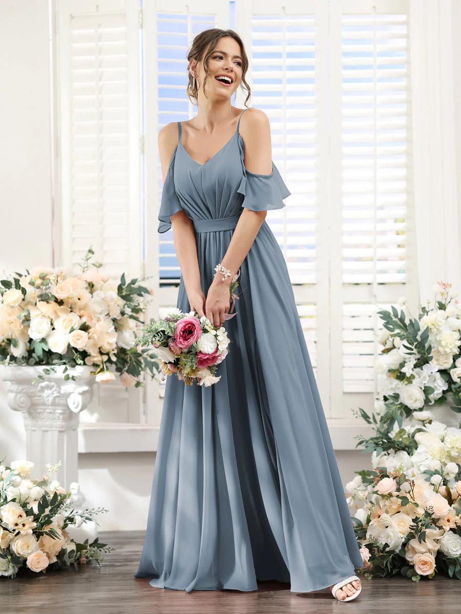 Wholesa A-Line Spaghetti Straps Split Side Ruched Floor-Length Chiffon Bridesmaid Dresses