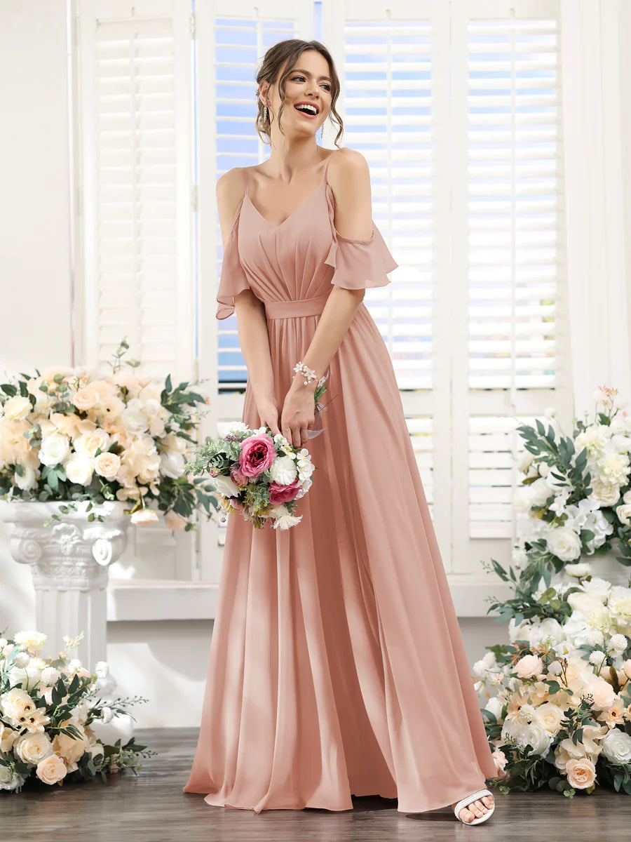 Wholesa A-Line Spaghetti Straps Split Side Ruched Floor-Length Chiffon Bridesmaid Dresses