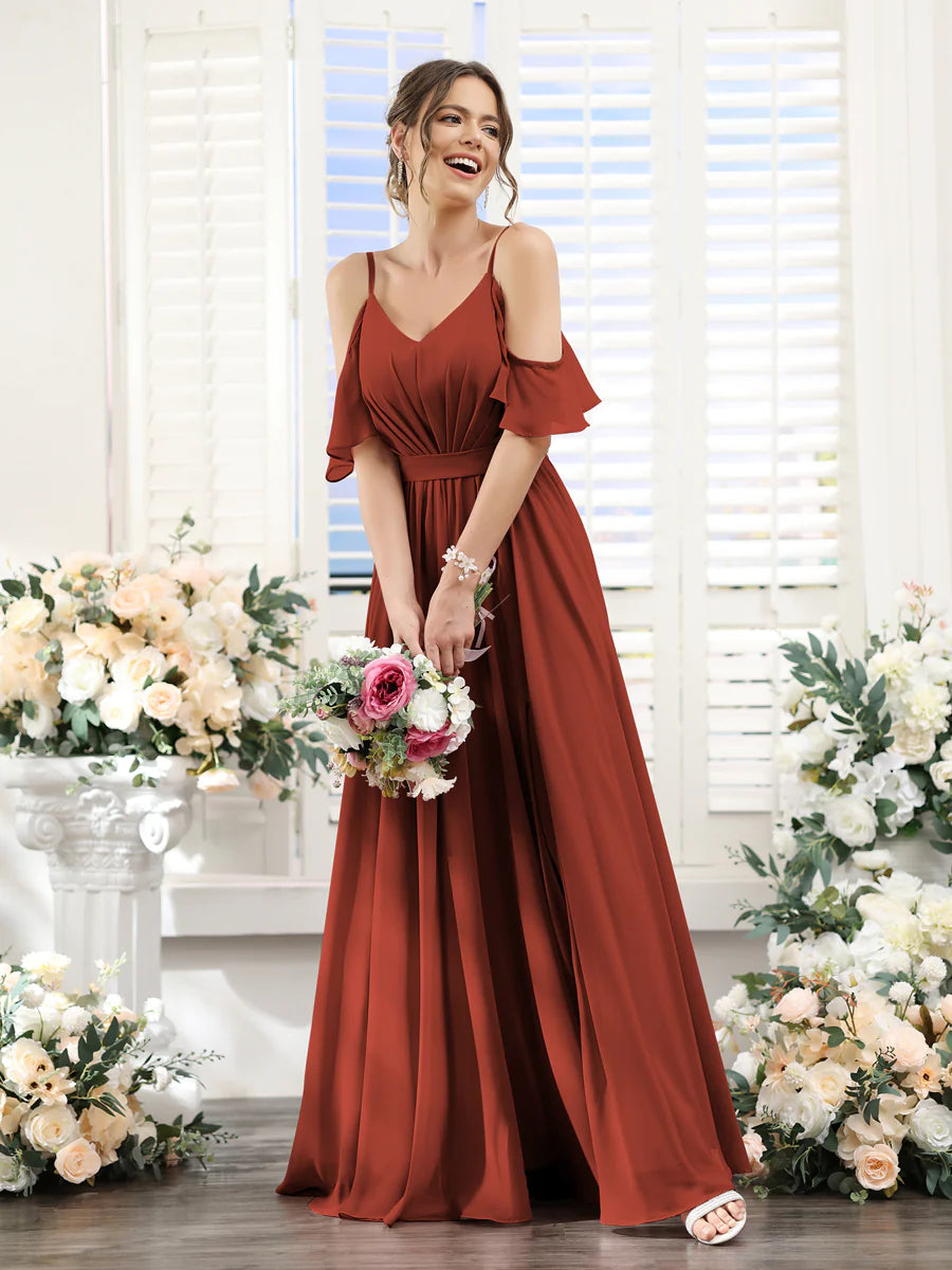 Wholesa A-Line Spaghetti Straps Split Side Ruched Floor-Length Chiffon Bridesmaid Dresses