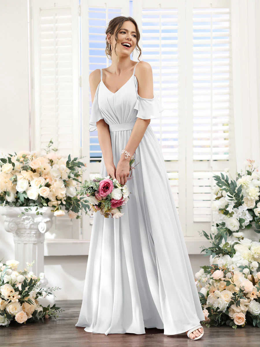 Wholesa A-Line Spaghetti Straps Split Side Ruched Floor-Length Chiffon Bridesmaid Dresses