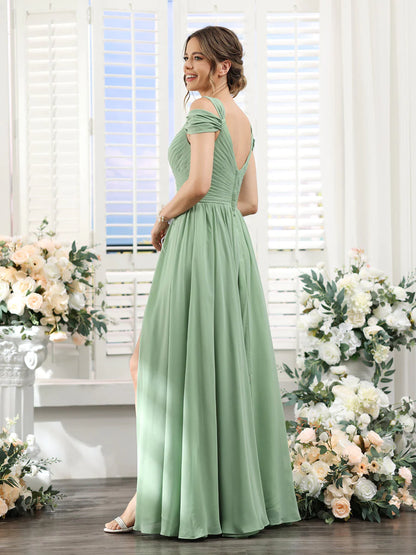 Wholesa A-Line V-Neck Split Side Ruched Floor-Length Chiffon Bridesmaid Dresses