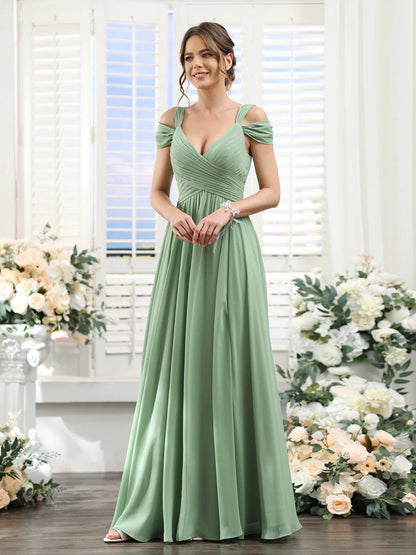 Wholesa A-Line V-Neck Split Side Ruched Floor-Length Chiffon Bridesmaid Dresses