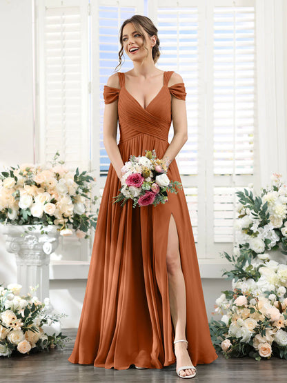 Wholesa A-Line V-Neck Split Side Ruched Floor-Length Chiffon Bridesmaid Dresses