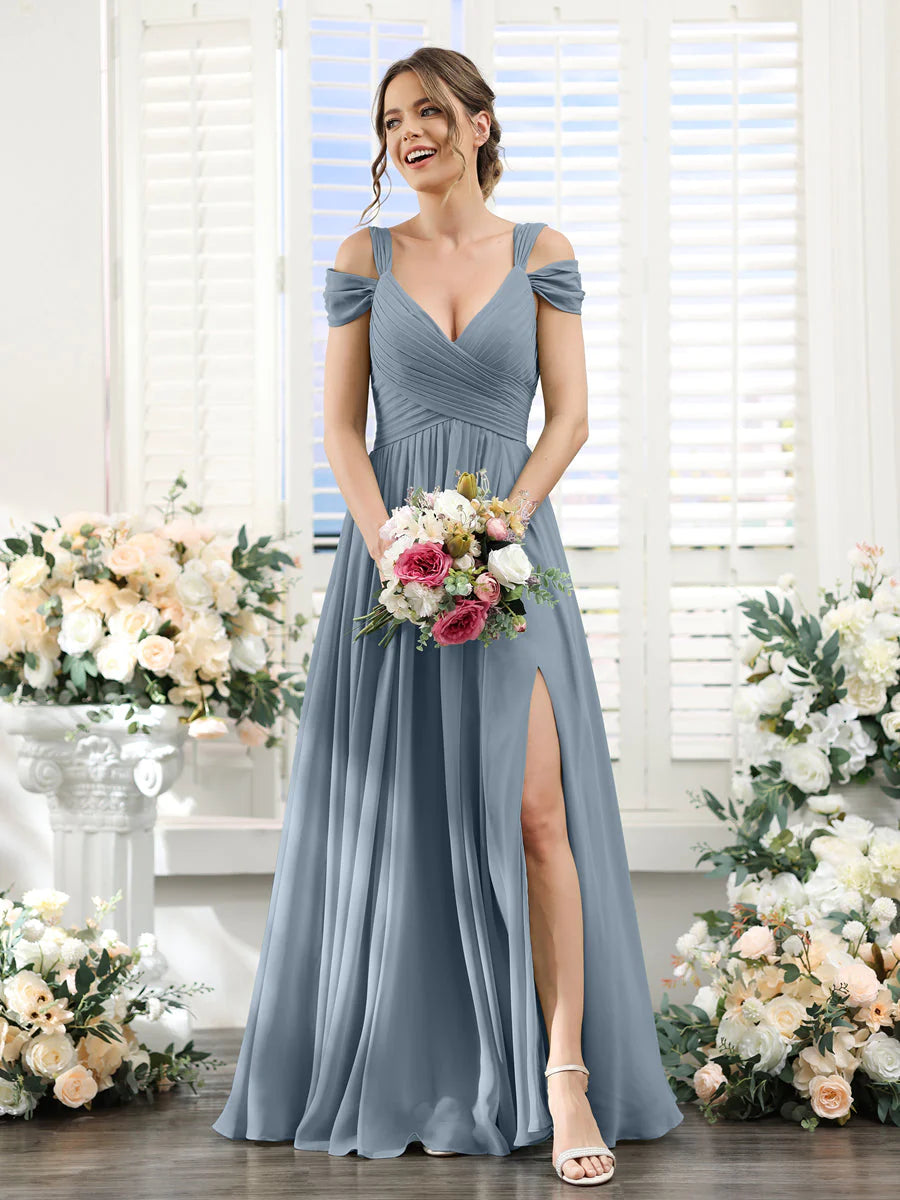 Wholesa A-Line V-Neck Split Side Ruched Floor-Length Chiffon Bridesmaid Dresses