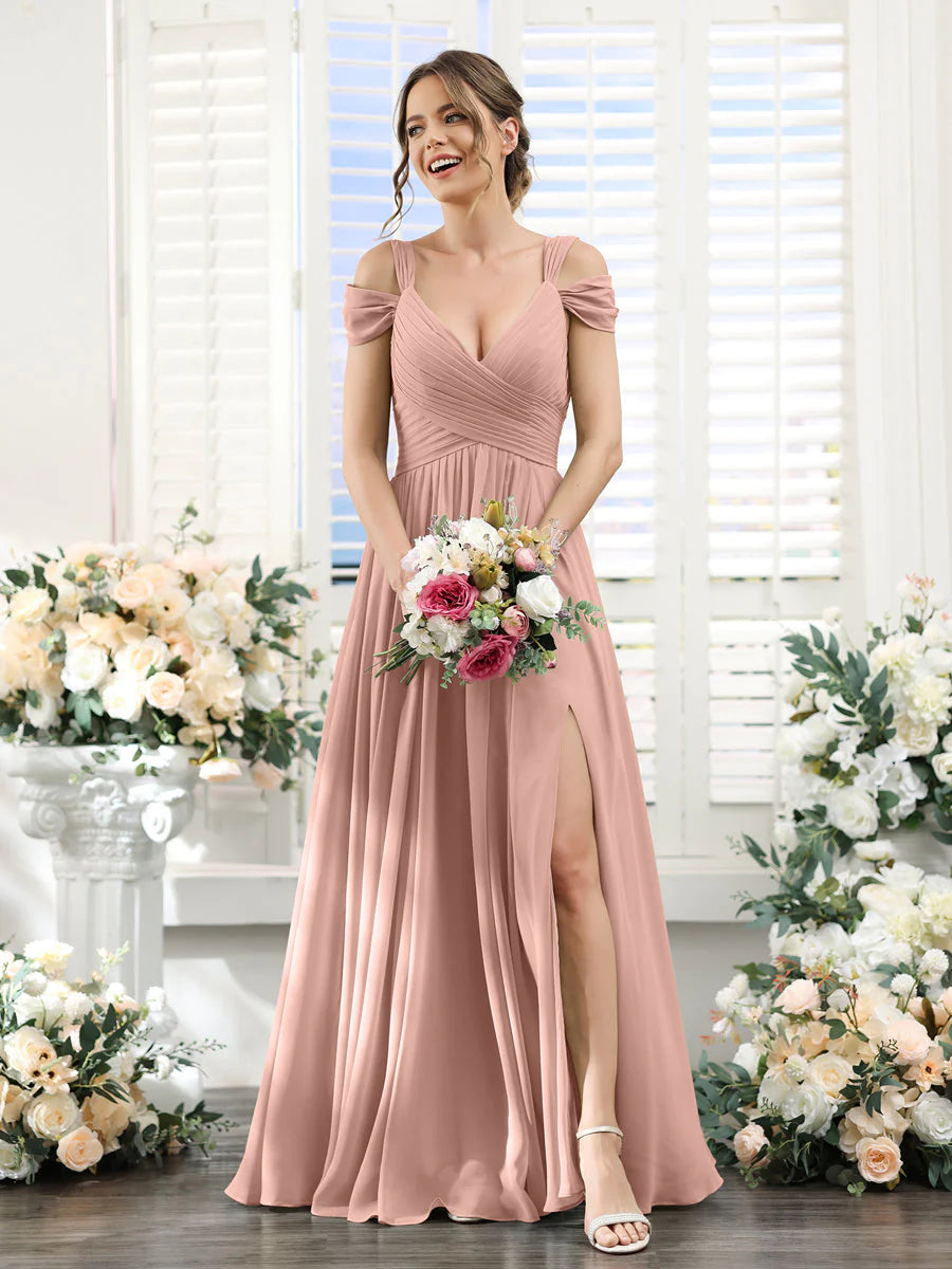 Wholesa A-Line V-Neck Split Side Ruched Floor-Length Chiffon Bridesmaid Dresses