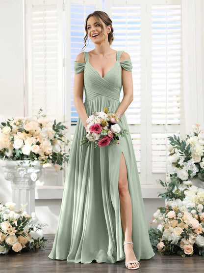 Wholesa A-Line V-Neck Split Side Ruched Floor-Length Chiffon Bridesmaid Dresses