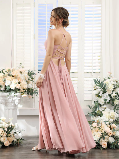 Wholesa A-Line Spaghetti Straps Sleeveless Backless Split Side Floor-Length Chiffon Bridesmaid Dresses