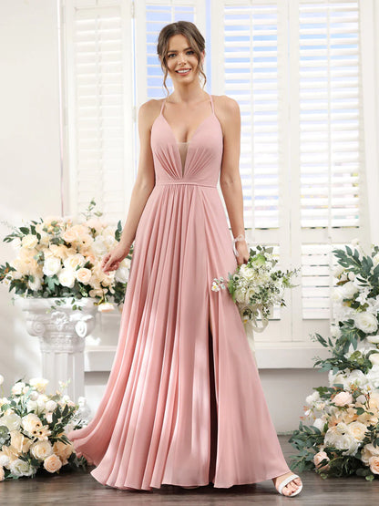 Wholesa A-Line Spaghetti Straps Sleeveless Backless Split Side Floor-Length Chiffon Bridesmaid Dresses