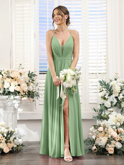 Wholesa A-Line Spaghetti Straps Sleeveless Backless Split Side Floor-Length Chiffon Bridesmaid Dresses