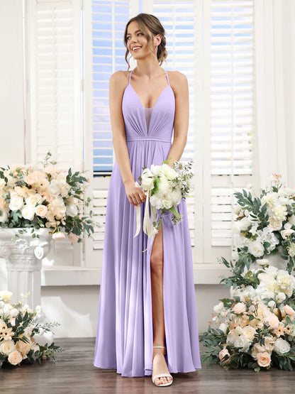 Wholesa A-Line Spaghetti Straps Sleeveless Backless Split Side Floor-Length Chiffon Bridesmaid Dresses