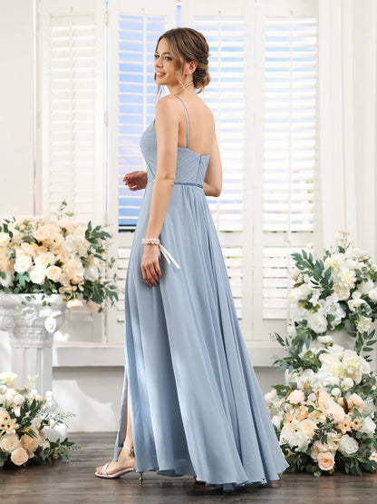 Wholesa A-Line Ruched V-Neck Spaghetti Straps Split Side Floor-Length Chiffon Bridesmaid Dresses