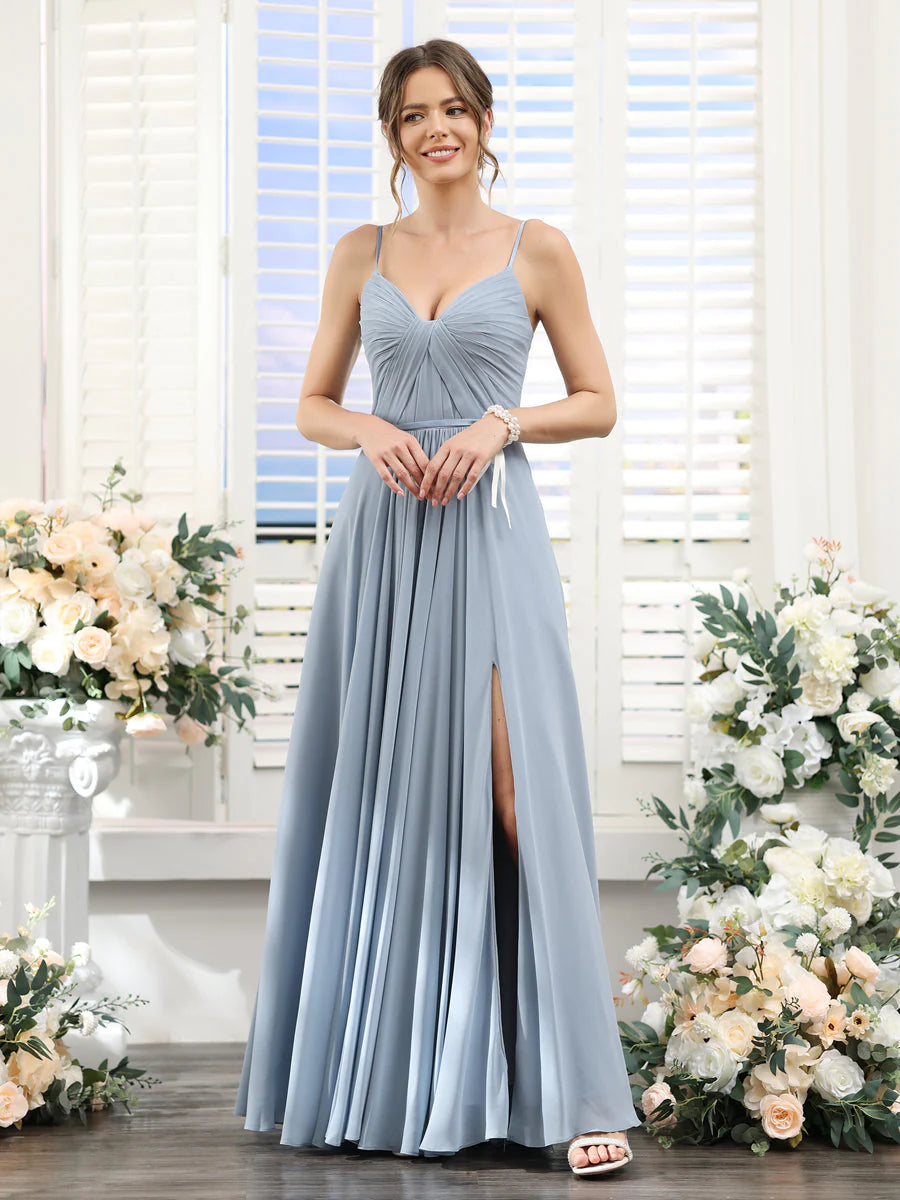 Wholesa A-Line Ruched V-Neck Spaghetti Straps Split Side Floor-Length Chiffon Bridesmaid Dresses