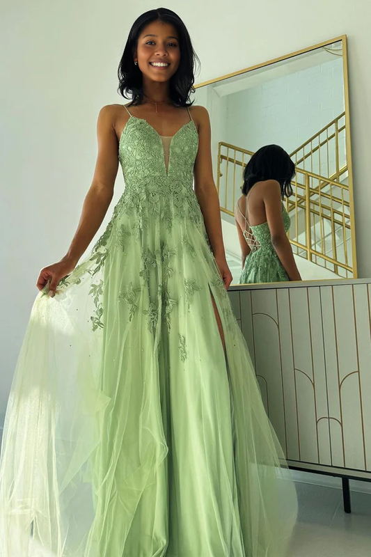 Wholesale Elegant A-Line Long Prom Dresses Sage Green V Neck Evening Dress Tullewith Appliques