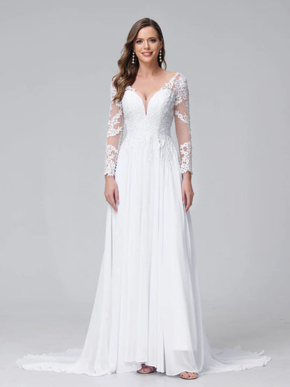 Wholesa A-Line V-Neck Long Sleeves Long Chiffon Wedding Dresses With Lace Applique