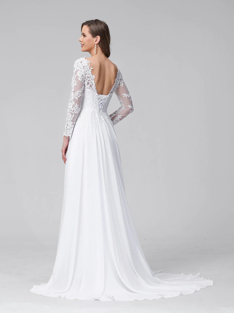 Wholesa A-Line V-Neck Long Sleeves Long Chiffon Wedding Dresses With Lace Applique