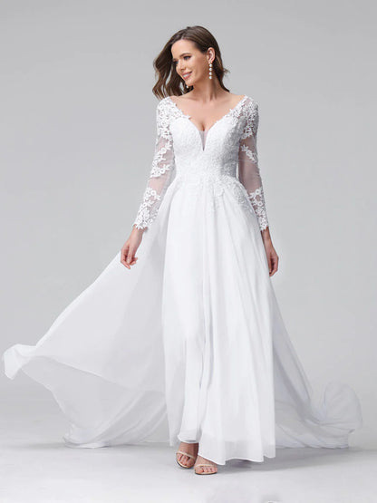 Wholesa A-Line V-Neck Long Sleeves Long Chiffon Wedding Dresses With Lace Applique