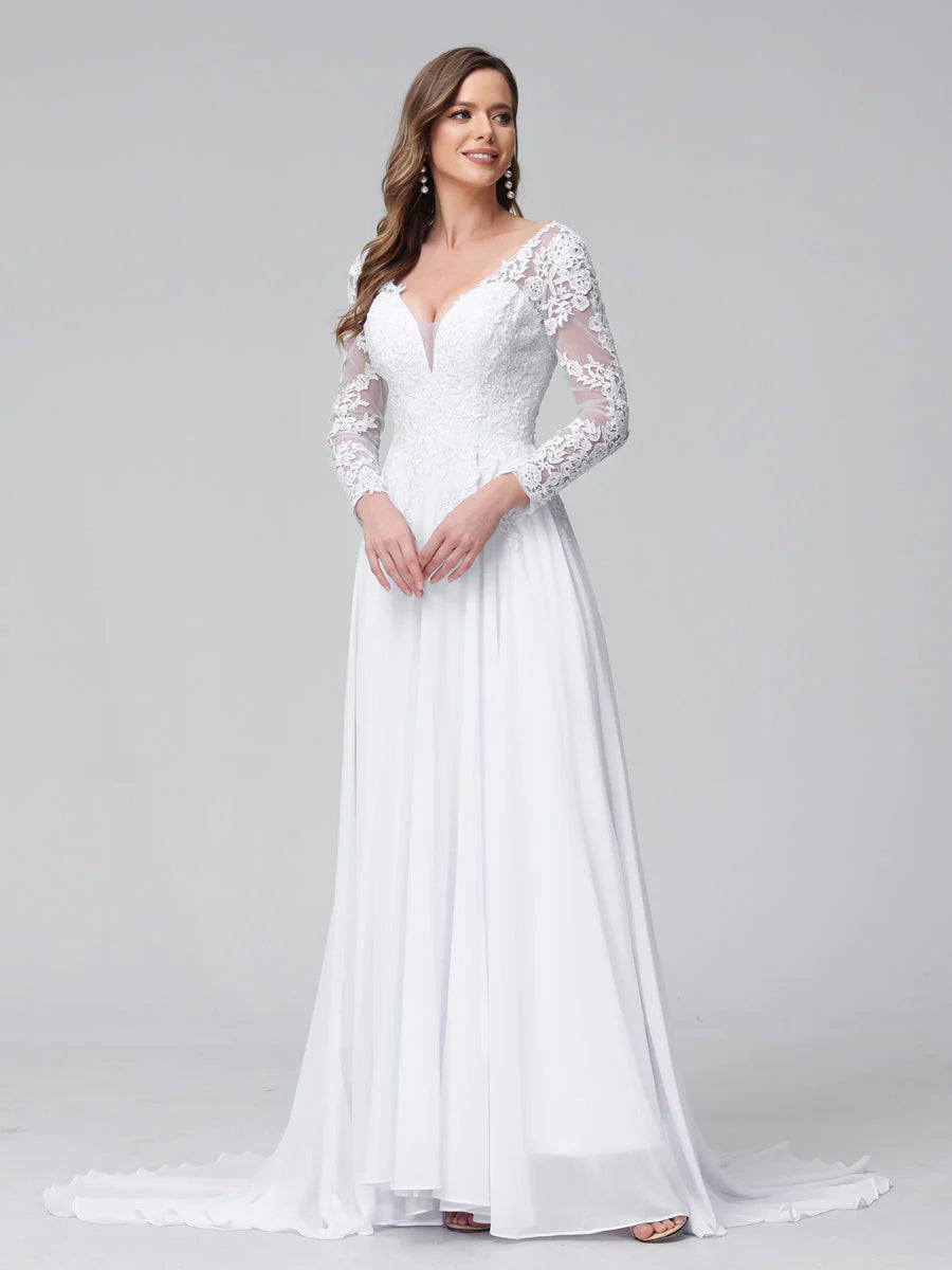 Wholesa A-Line V-Neck Long Sleeves Long Chiffon Wedding Dresses With Lace Applique