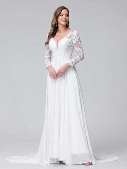 Wholesa A-Line V-Neck Long Sleeves Long Chiffon Wedding Dresses With Lace Applique