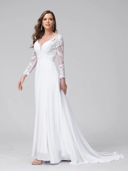 Wholesa A-Line V-Neck Long Sleeves Long Chiffon Wedding Dresses With Lace Applique