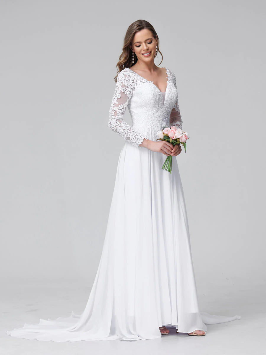 Wholesa A-Line V-Neck Long Sleeves Long Chiffon Wedding Dresses With Lace Applique