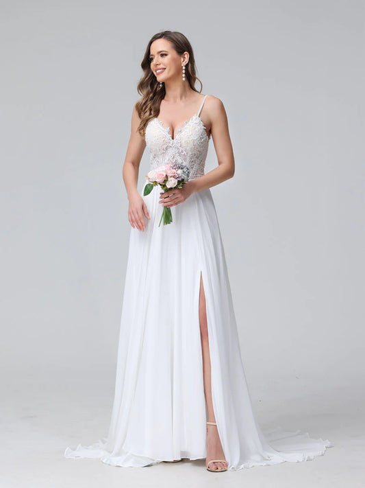 Wholesa  A-Line Spaghetti Straps V-Neck Sleeveless Long Chiffon Wedding Dresses With Applique Split Side