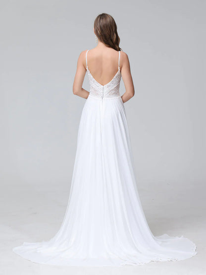 Wholesa  A-Line Spaghetti Straps V-Neck Sleeveless Long Chiffon Wedding Dresses With Applique Split Side