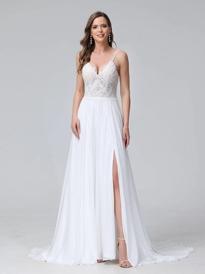 Wholesa  A-Line Spaghetti Straps V-Neck Sleeveless Long Chiffon Wedding Dresses With Applique Split Side