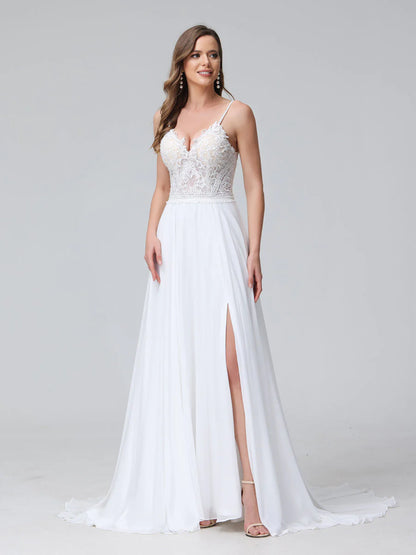 Wholesa  A-Line Spaghetti Straps V-Neck Sleeveless Long Chiffon Wedding Dresses With Applique Split Side