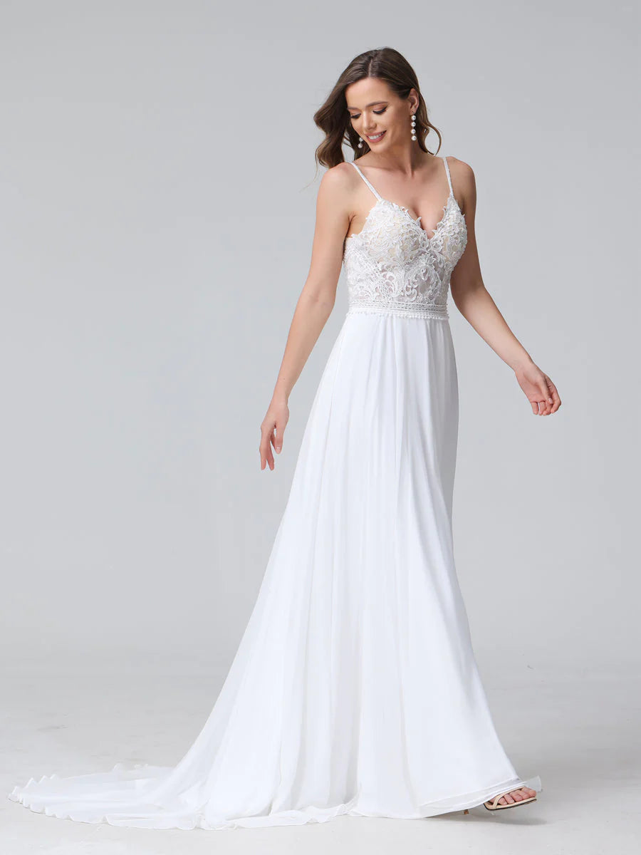 Wholesa  A-Line Spaghetti Straps V-Neck Sleeveless Long Chiffon Wedding Dresses With Applique Split Side