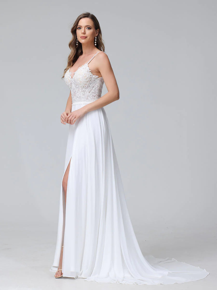 Wholesa  A-Line Spaghetti Straps V-Neck Sleeveless Long Chiffon Wedding Dresses With Applique Split Side