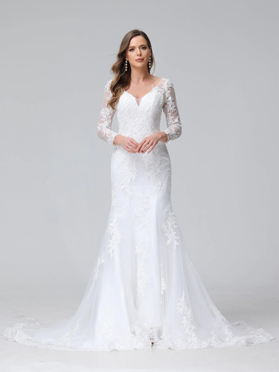 Wholesa Trumpet/Mermaid V-Neck Long Sleeves Lace Wedding Dresses