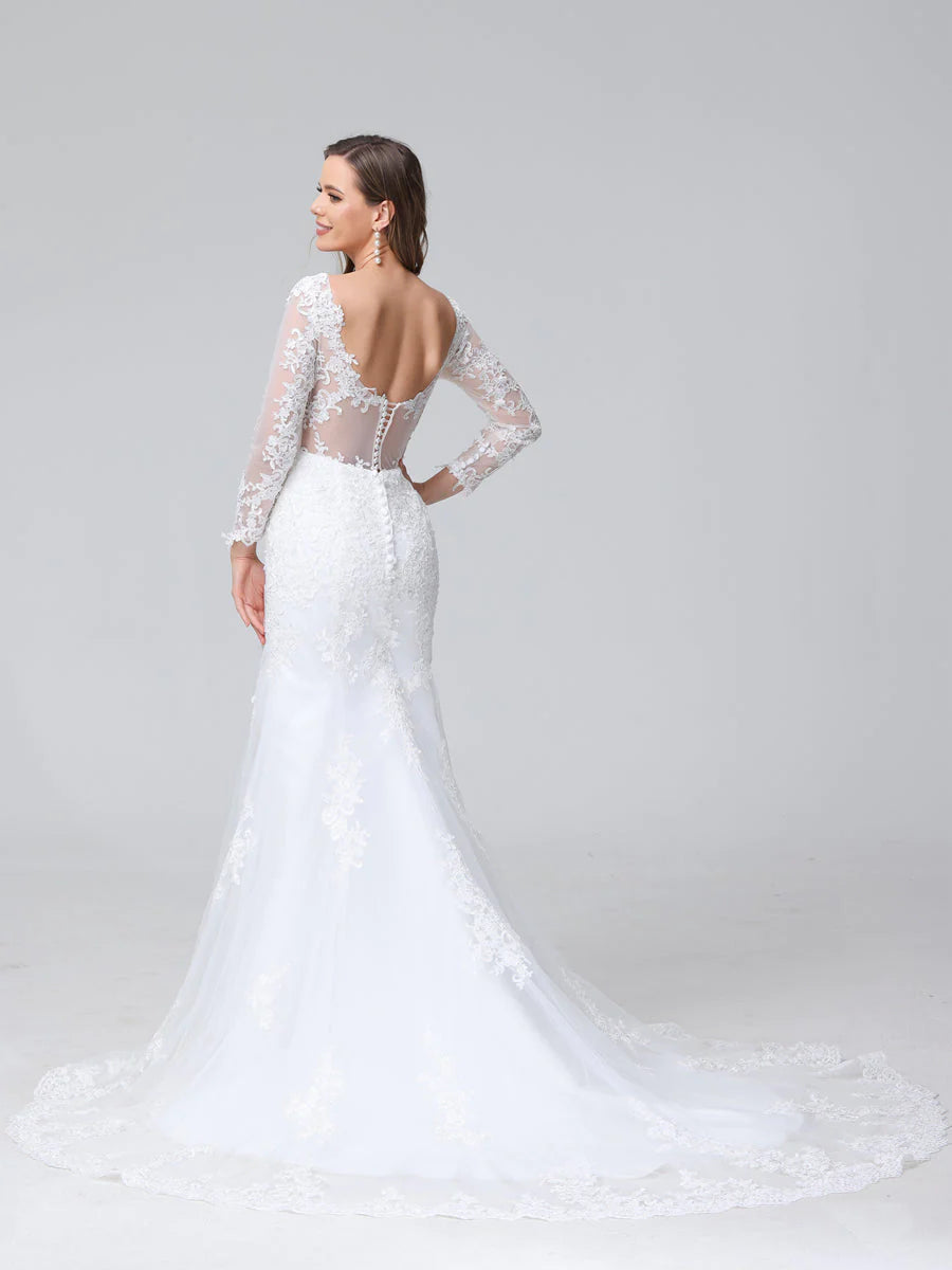 Wholesa Trumpet/Mermaid V-Neck Long Sleeves Lace Wedding Dresses